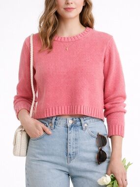 Eddie Bauer Cotton Cropped Sweater Crewneck Pink Size Medium